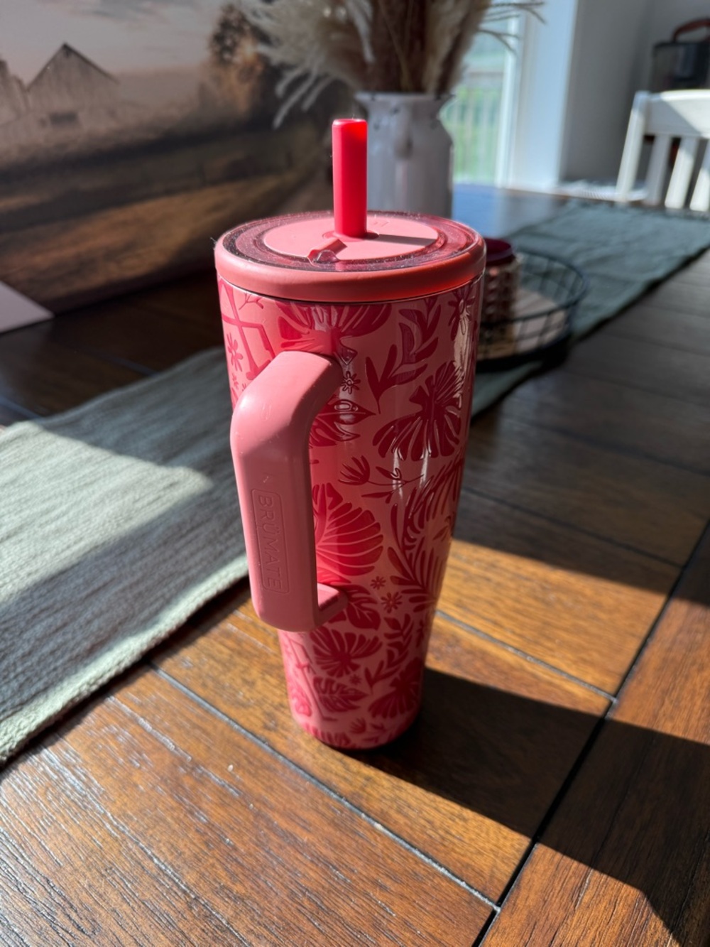 40 oz Insulated Pink Floral Travel Cup with Handle and Straw